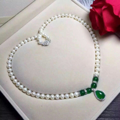  天然珍珠项链 扁圆形馒头珠 正品淡水珍珠玛瑙 吊坠款 女送妈妈 白色 约9-10mm 45