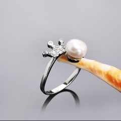 S925纯银正品 指环韩版女时尚皇冠镶钻 天然淡水珍珠开口戒指