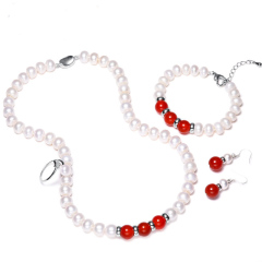 珠宝街 珍珠项链 送妈妈送婆婆女款 高性价比 红韵  红玛瑙款 白色 9-10mm 45cm