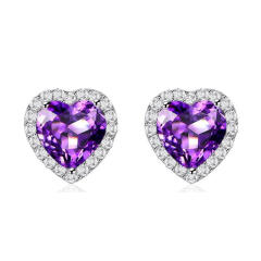 珠宝街  创意礼品 心形宝石耳钉一对 心形银镶钻耳钉 七夕情人节礼物送女友闺蜜 紫水晶