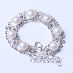 LV珠光宝气 天然淡水白色珍珠馒头珠水钻系列手链