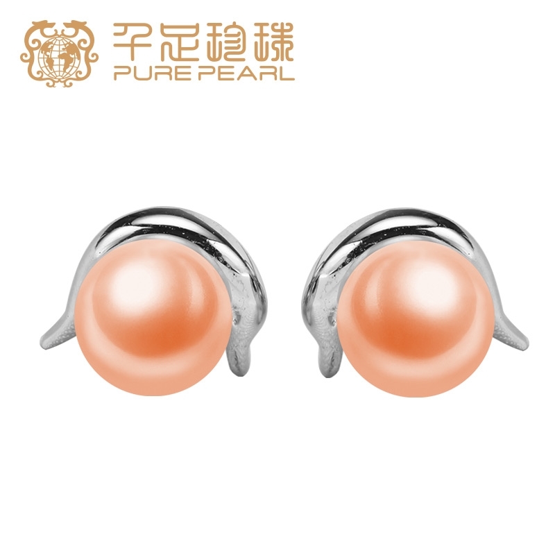 千足珍珠跃舞海豚造型馒头圆强光6-6.5mm珍珠925银珍珠耳钉 白色 6-6.5mm