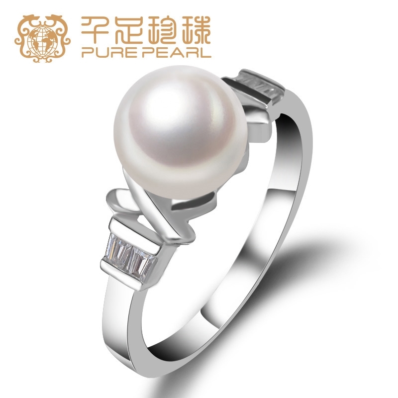 千足珍珠 光洁馒头强光7.5mm珍珠女款银戒指 正品 白色  14# 7.5mm