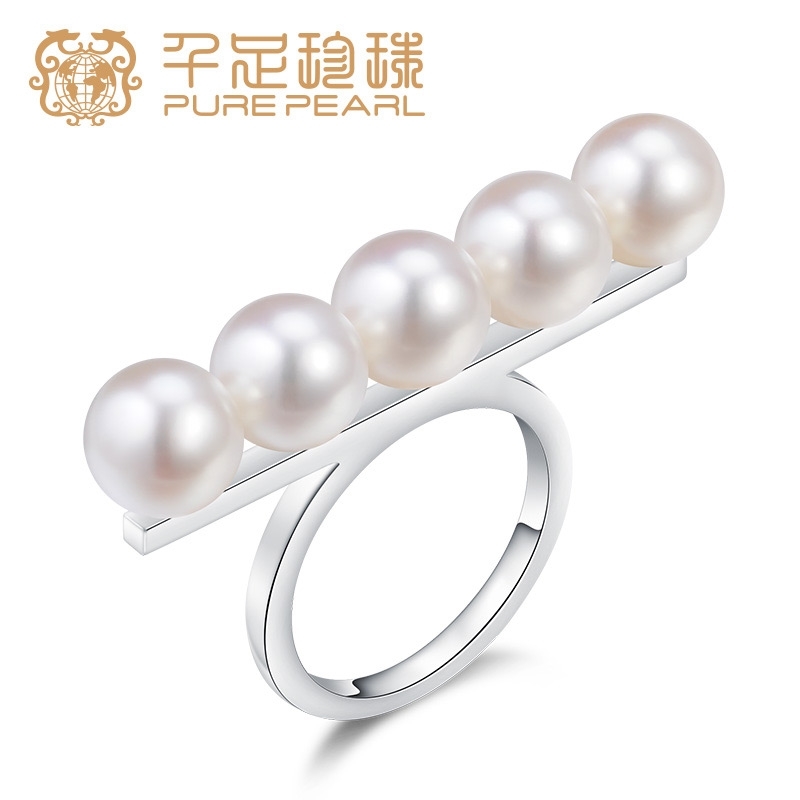 千足珠宝balance系列光洁圆润强光7.5-8mm淡水珍珠银戒指女款 白色  13# 7.5-8m