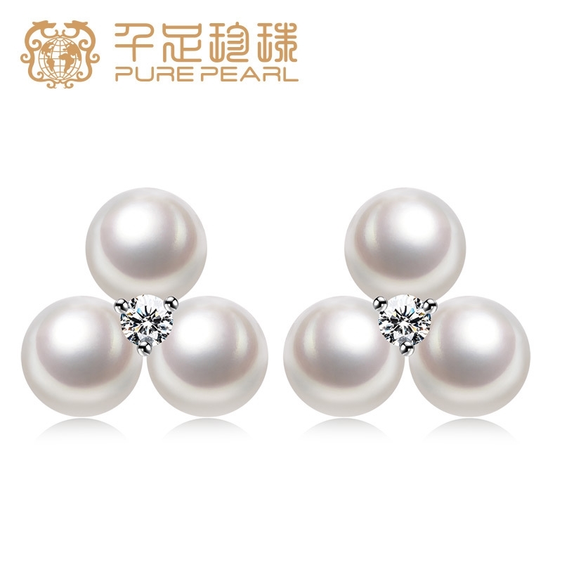 千足珠宝祈欢圆润光洁强光6-6.5mm淡水珍珠银耳饰耳钉 白色 6-6.5mm