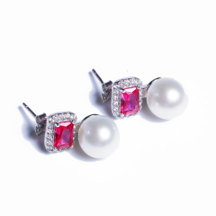 嘉和珠宝 S925银红宝石款耳钉  8-9mm正圆无瑕淡水珍珠