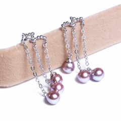 嘉和珠宝 S925银复古版耳线耳环 5-6mm淡水紫色正圆无瑕珍珠耳环