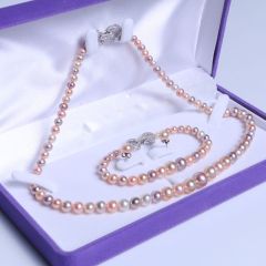 唯珍珠宝 精美珍珠套装 混彩宝塔项链套装 规格4-5至9-10大小 近圆无暇