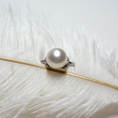 珠宝首饰 8.5-9mm 极光无瑕大颗 天然淡水珍珠戒指 925银女 白色（活扣） 8.5-9mm