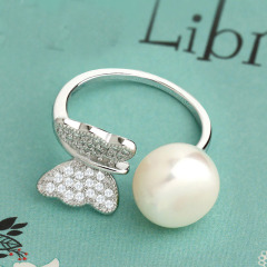欧美珍珠S925银开口可调节蝴蝶戒指指环穆夏的花园 初冬