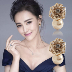 日韩版耳饰品复古个性简约夸张玫瑰花珍珠原创耳钉女气质韩国耳环 金色 其他