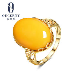 欧采妮 鸡油黄琥珀蜜蜡戒指女款18K黄金镶嵌天然正品食指戒饰品