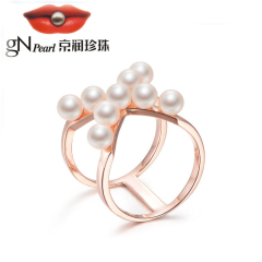 京润珍珠X S925银镶淡水珍珠戒指 4-5mm X型 时尚戒指 女 白色 玫瑰金色款 13号