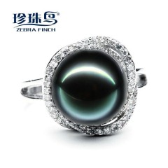 珍珠鸟珠宝天海水黑珍珠戒指10-11mm正圆强光925银开口然送妈妈 黑色 约 10-11mm