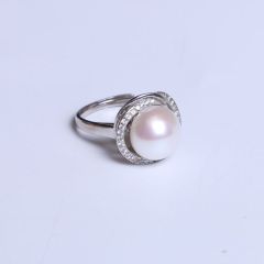 纯珍珠宝 精美珍珠戒指 富贵大气绕钻戒指 纯银 10.7mm无暇强光馒头珠