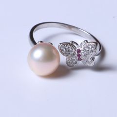 苏情珠宝行 精美时尚珍珠戒指 淡水珍珠蝴蝶戒指 8-9mm