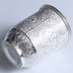 中国白银  复古纯手工雕刻茶杯 422g 直径8cm 高15cm